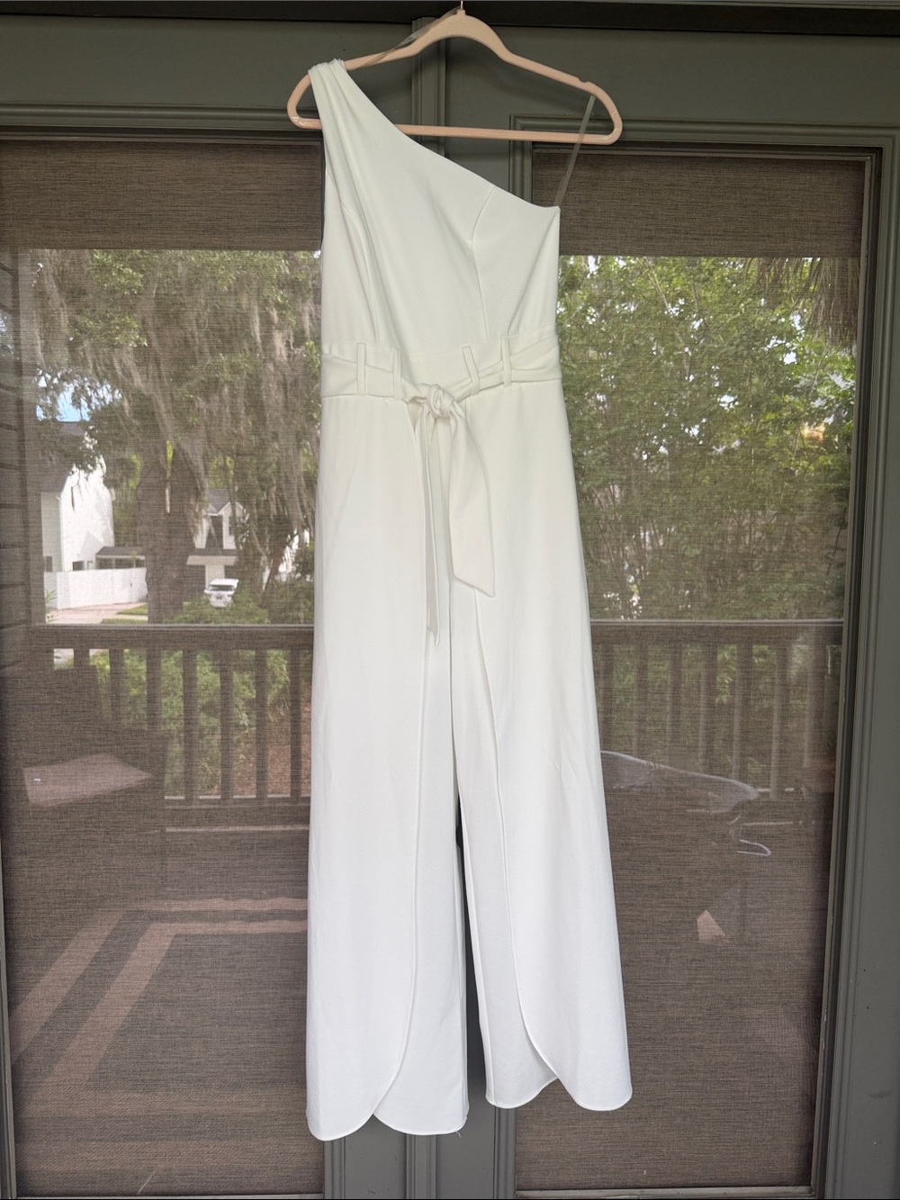 Shelby & Palmer One-Shoulder White Jumpsuit with Waist Tie